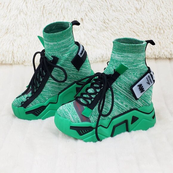 Wang Damson Pull On Platform Sneaker Boots Hi Top 4" Hidden Wedge Green NIB - Picture 1 of 11